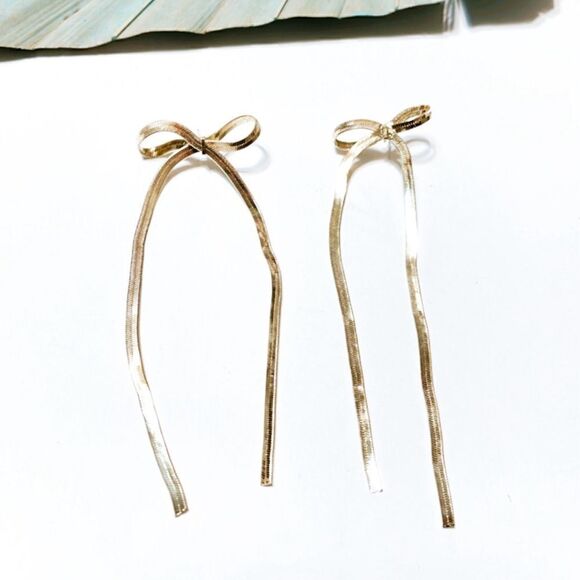 Gold bow drop earrings #96 - Picture 3 of 6